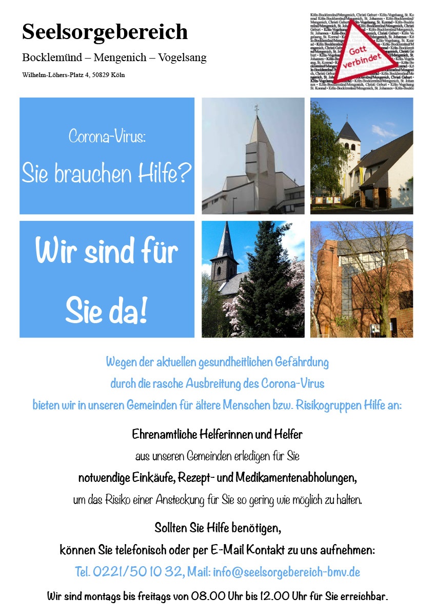 Corona-Hilfe: Unterstützung für besonders gefährdete Menschen (Seelsorgebereich Bocklemünd-Mengenich-Vogelsang)